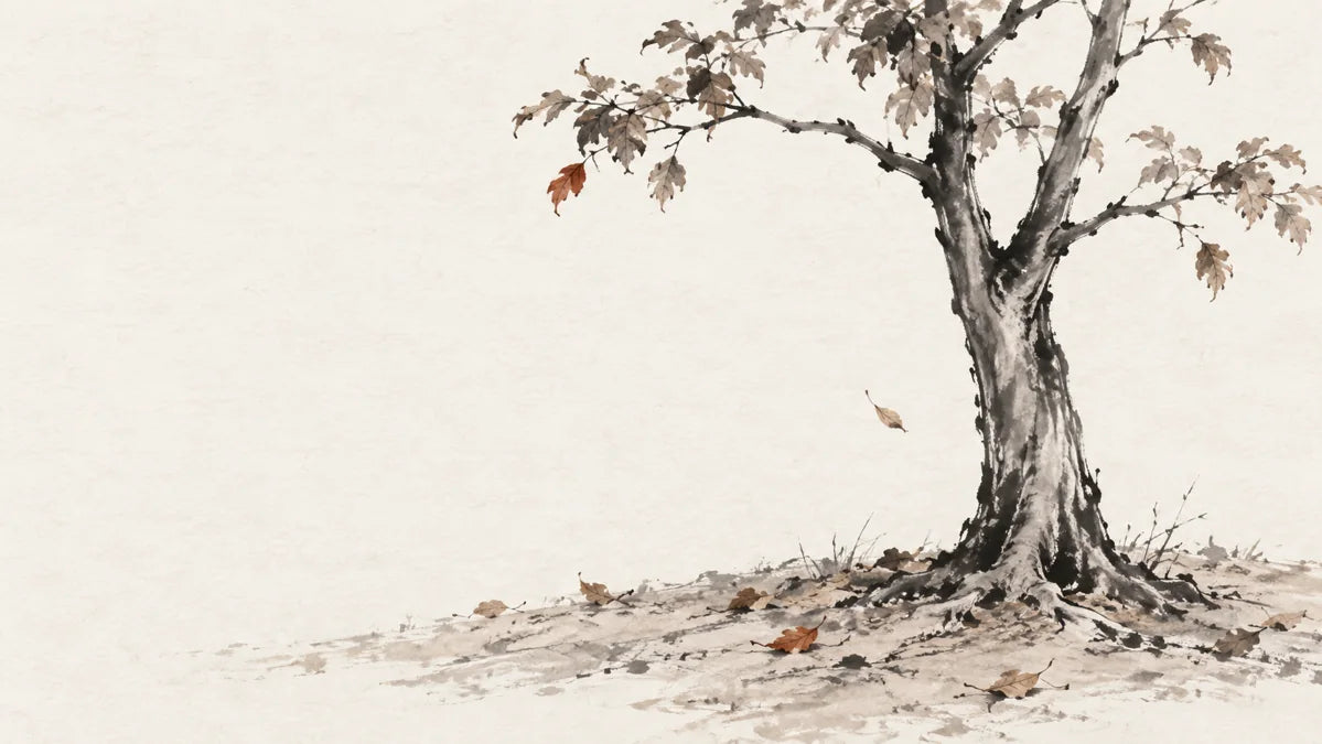 Ink wash painting of an upright tree in firm dry earth with autumn leaves.