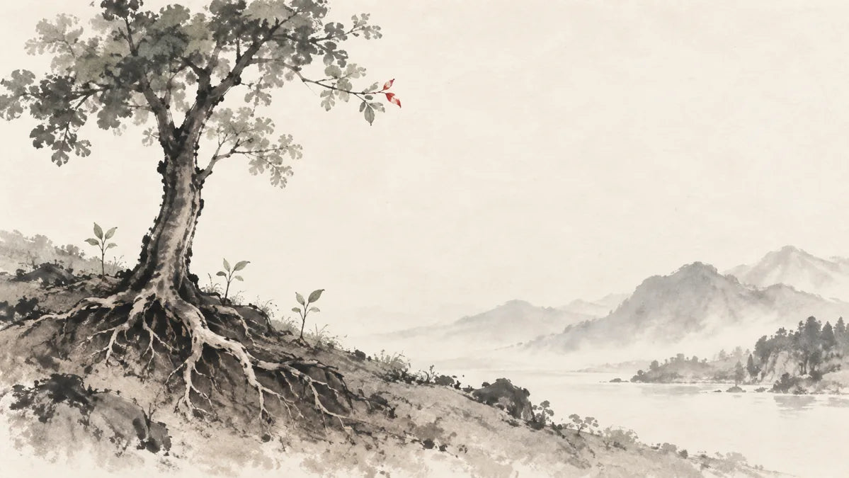 Ink wash painting of an upright tree anchored on a low spring hillside with young shoots.