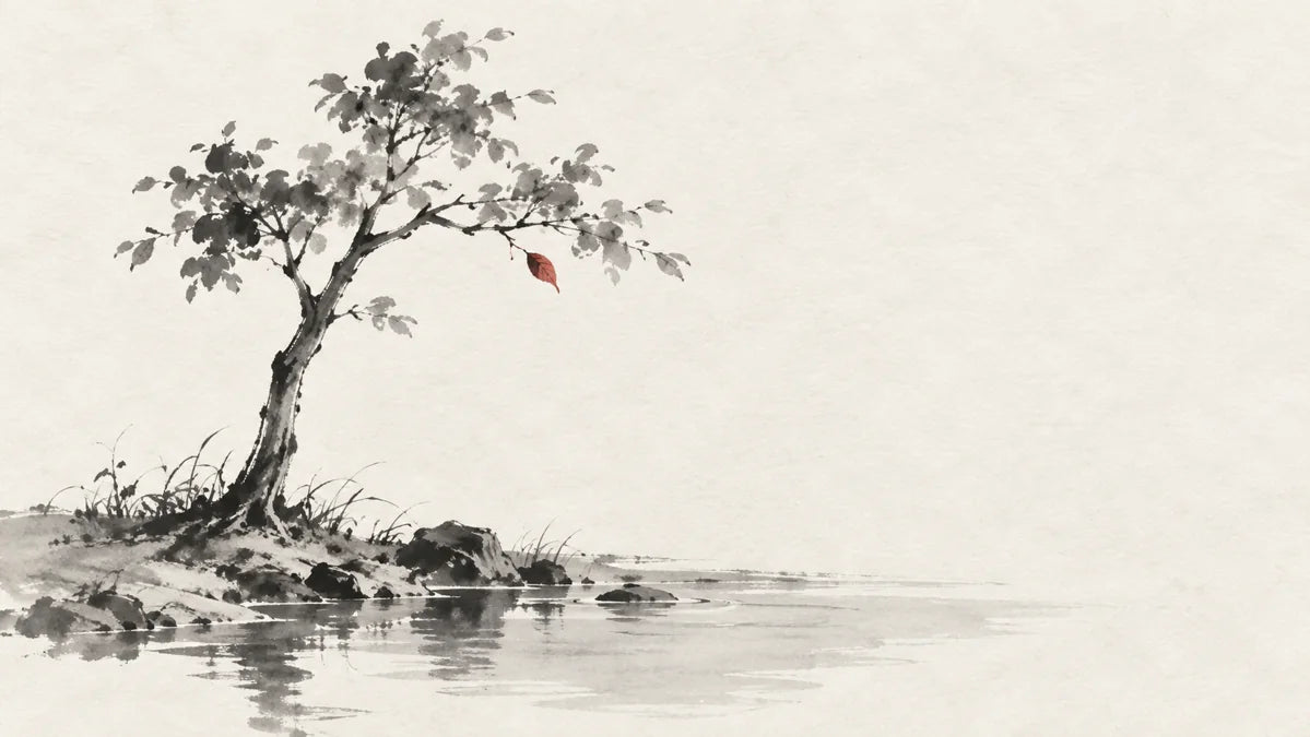 Ink wash painting of an upright tree beside a still pool.
