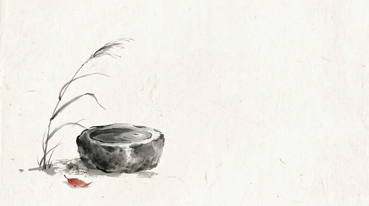Ink wash illustration: a wind-bent reed beside a still stone basin and one fallen cinnabar leaf