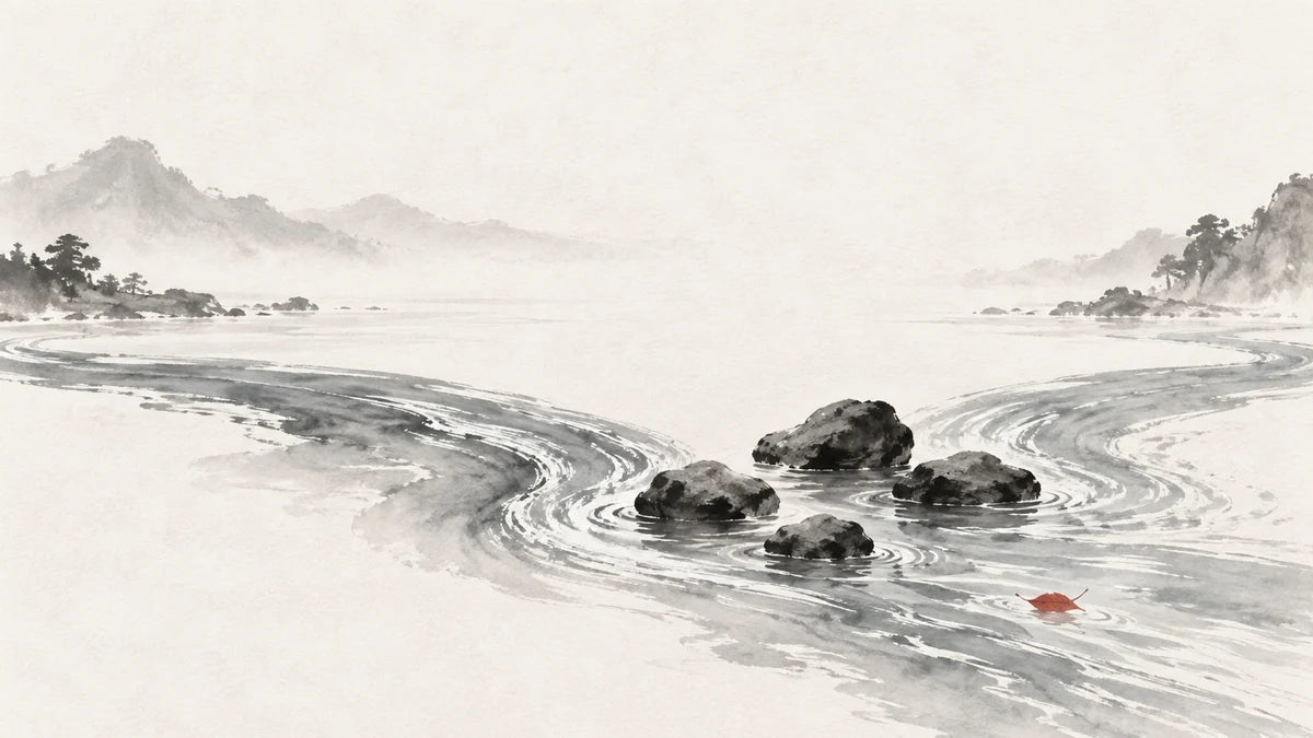 Ink wash illustration: two parallel ink-wash currents meeting beside four still stones, one tiny muted cinnabar leaf