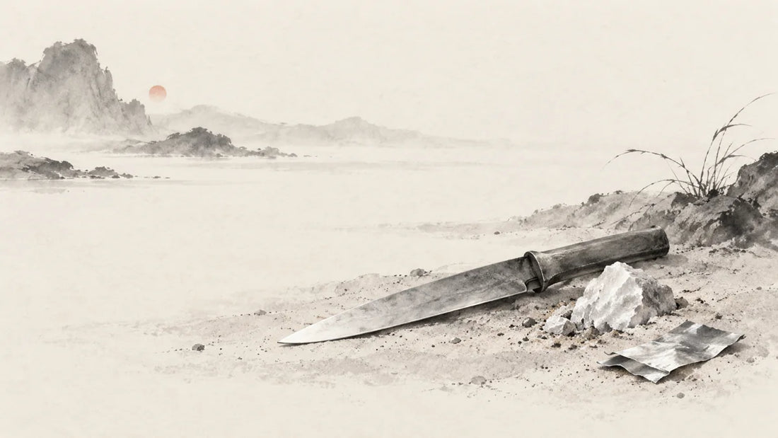 Ink wash painting of an unadorned short blade beside a partially sand-buried pale mineral and one thin folded metal foil.
