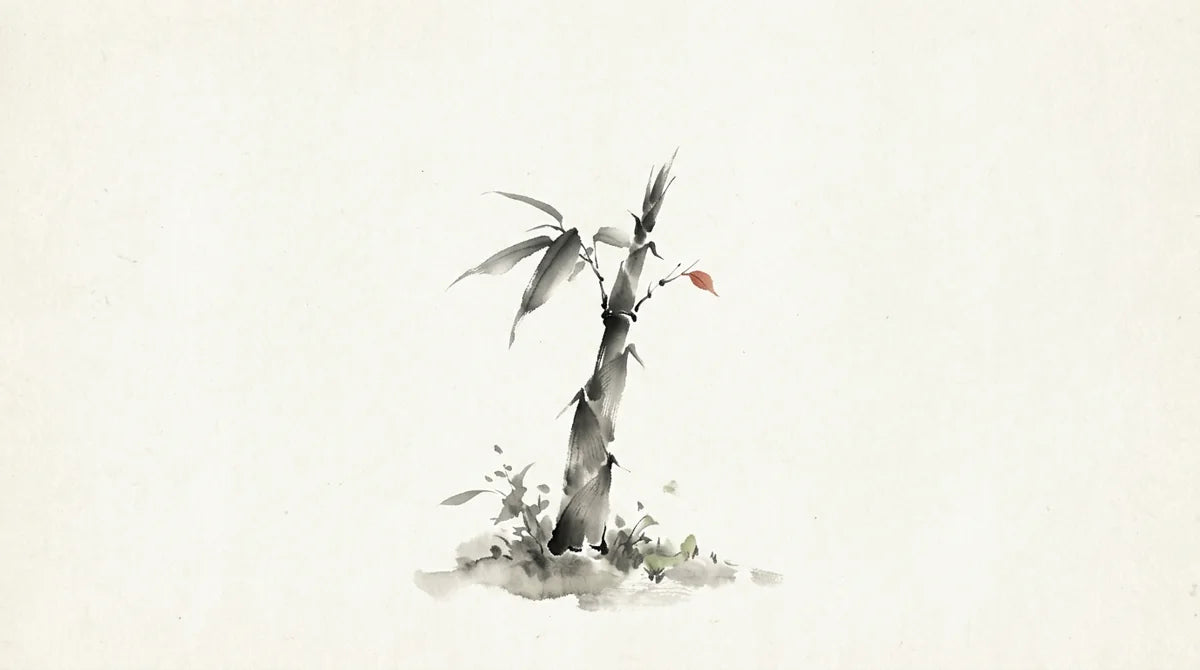 Ink wash illustration: a single bamboo shoot emerging after spring rain, with one tiny muted cinnabar leaf
