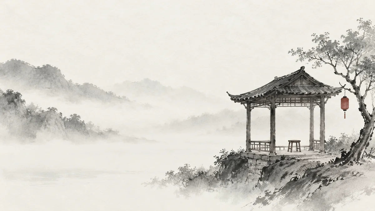 Ink wash painting of an open wooden pavilion sheltering an empty stool while a small lantern hangs from a nearby tree outside the pavilion.