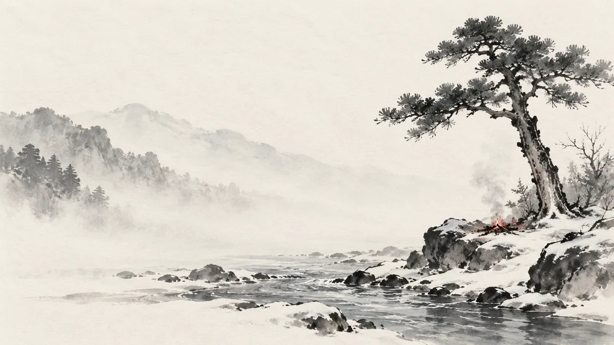 Ink wash painting of one upright pine beside a cool winter stream, with a small warm ember sheltered on its bank.