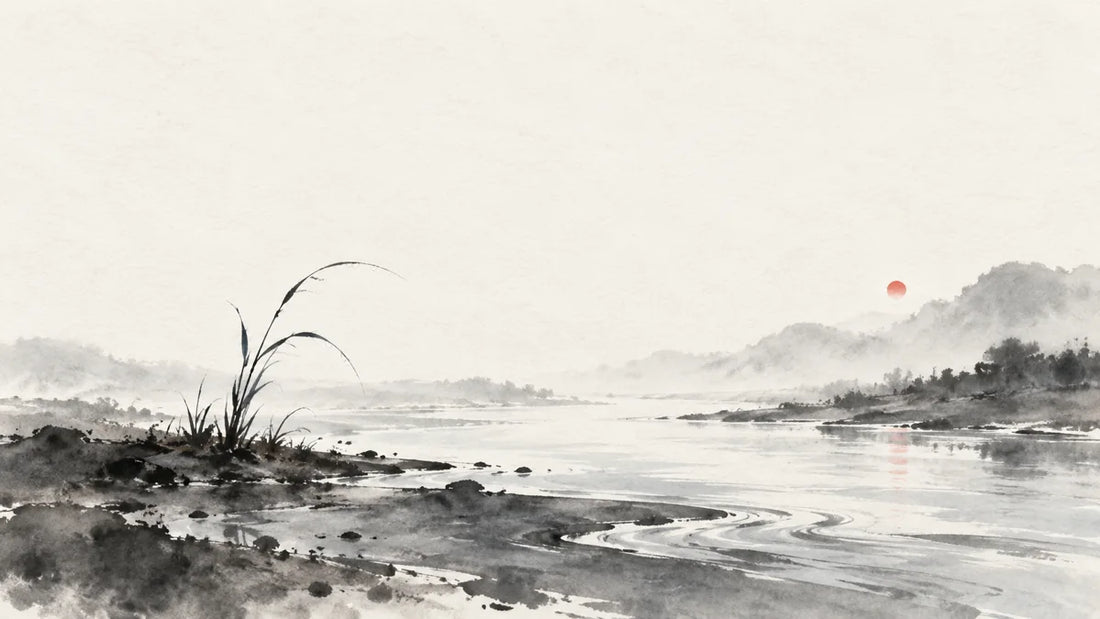 Ink wash painting of a broad stream pooling in damp earth beside a single delicate grass shoot.