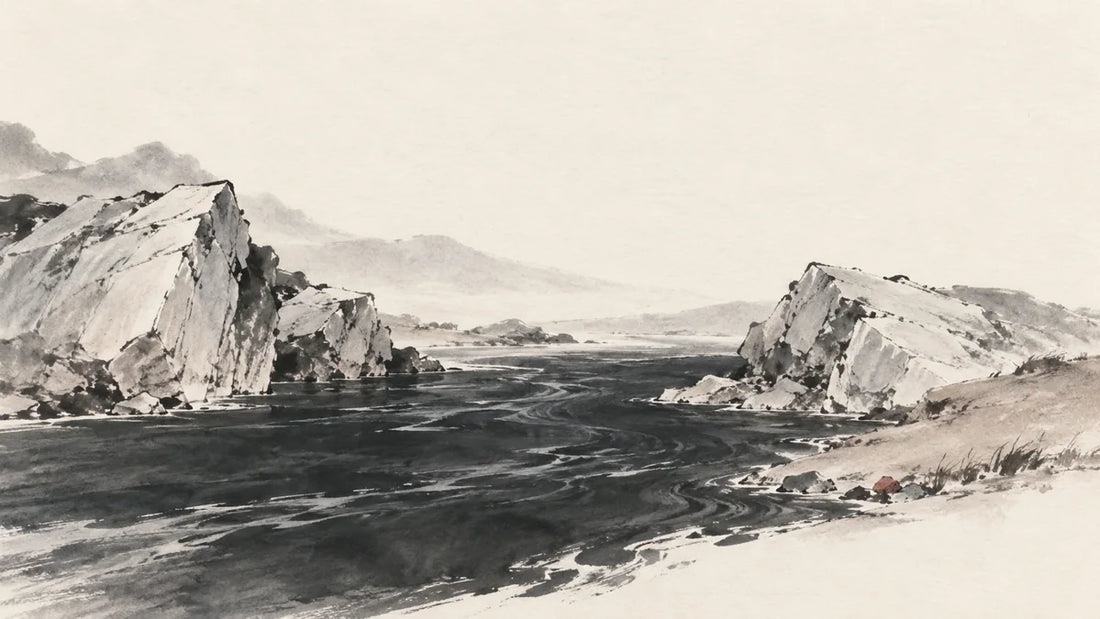 Ink wash painting of a broad river emerging between pale mineral rocks and a small earthen bank.