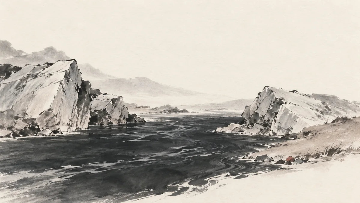 Ink wash painting of a broad river emerging between pale mineral rocks and a small earthen bank.