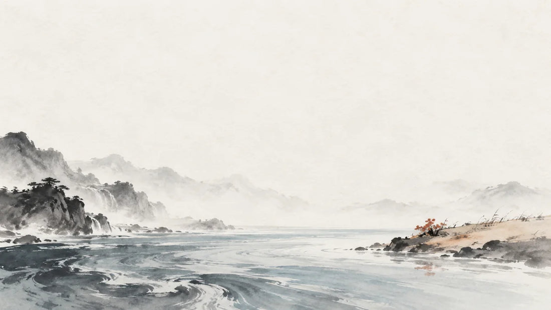 Ink wash painting of a broad cool river meeting a sun-warmed bank beside a tiny ember and pale soil.