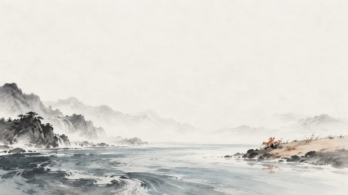 Ink wash painting of a broad cool river meeting a sun-warmed bank beside a tiny ember and pale soil.