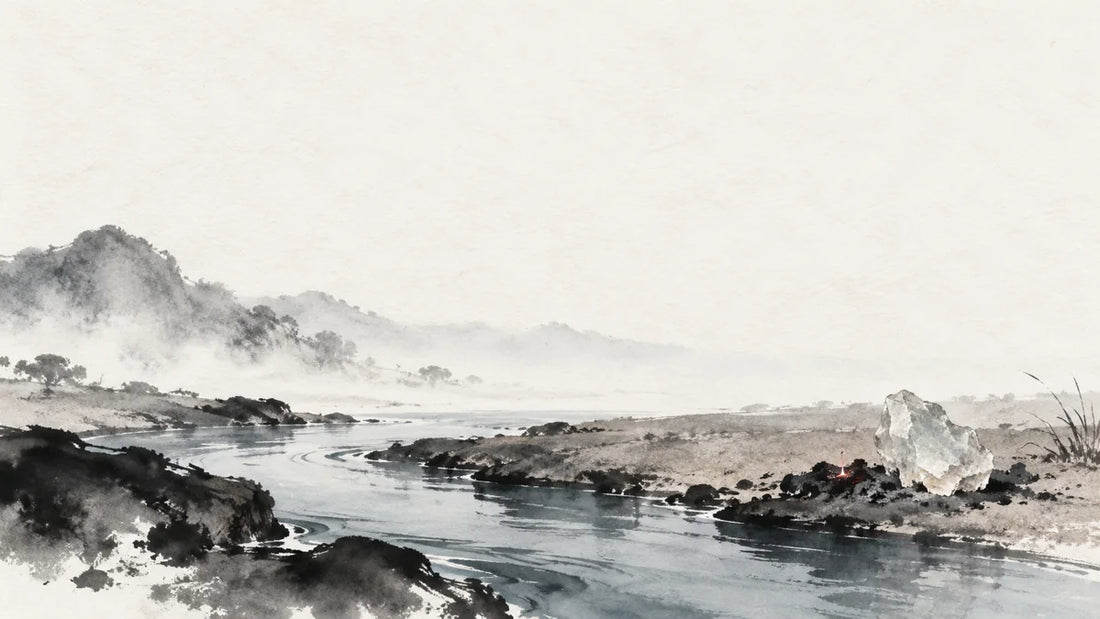 Ink wash painting of a narrow channel of water beside dry earth, a pale mineral shard and one tiny ember.