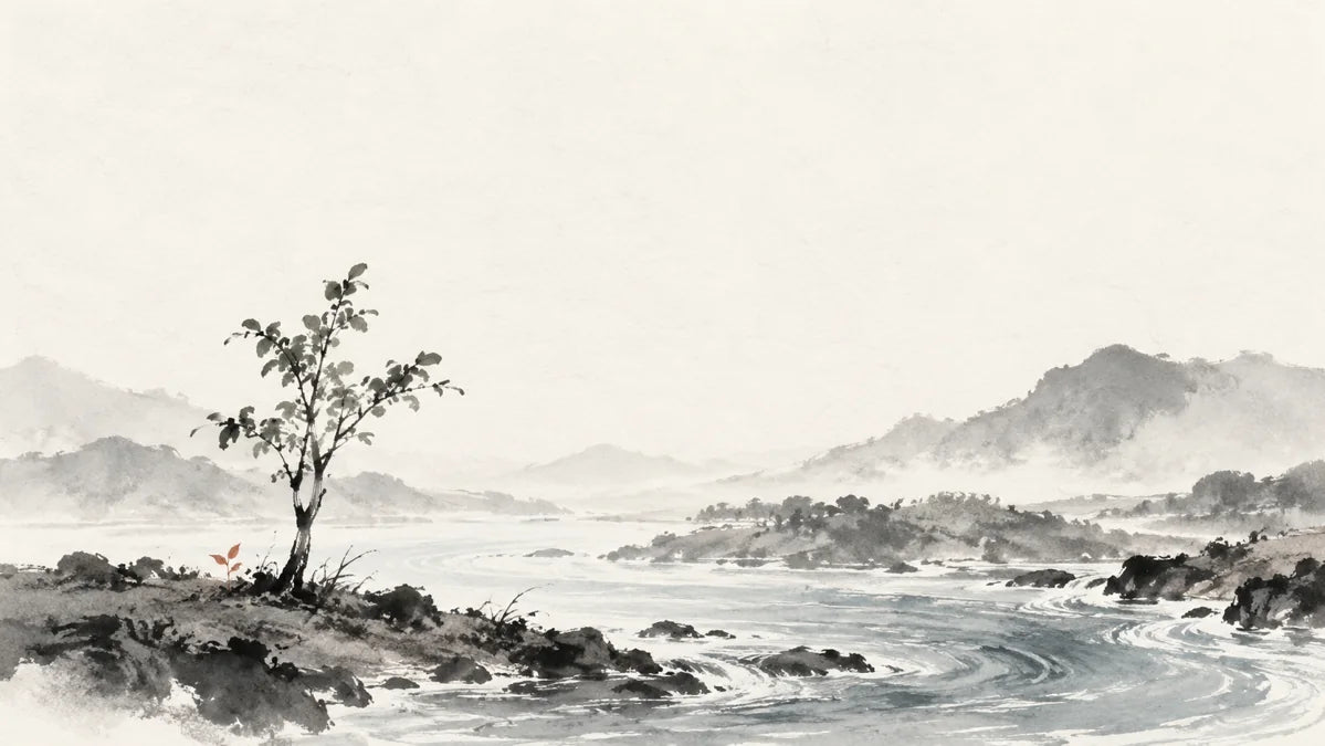 Ink wash painting of a flowing river beside a young upright tree on earth with one tiny warm ember.