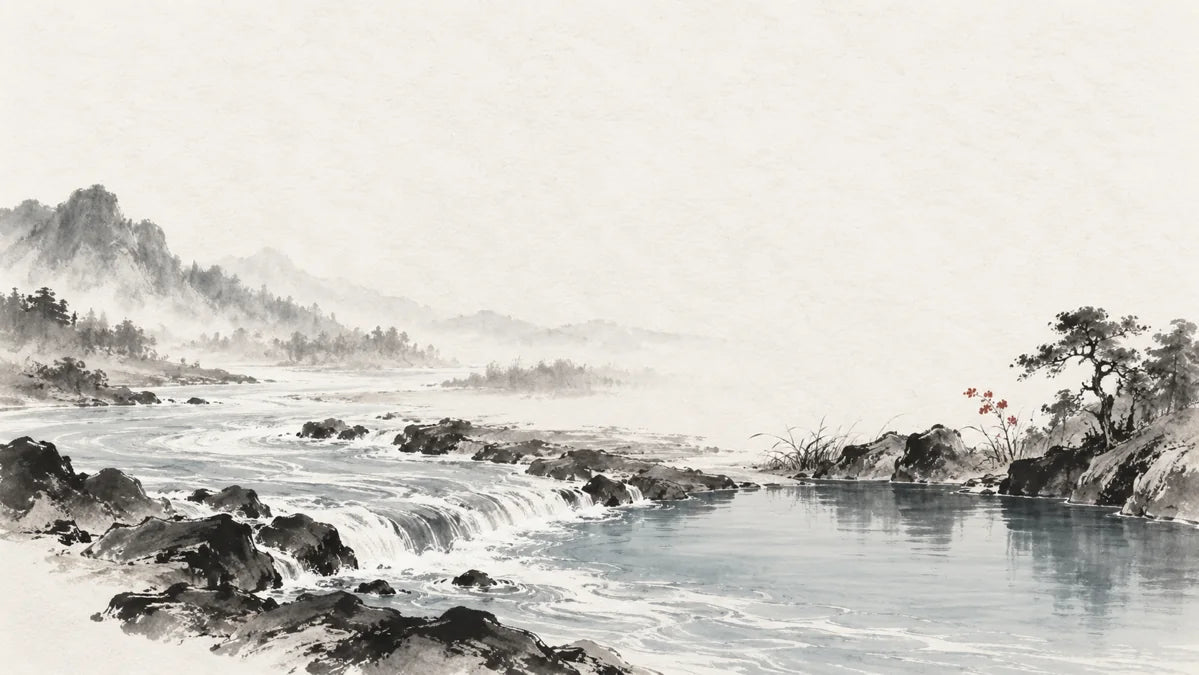 Ink wash painting of a broad flowing river feeding a small clear still pool, two distinct connected water forms.
