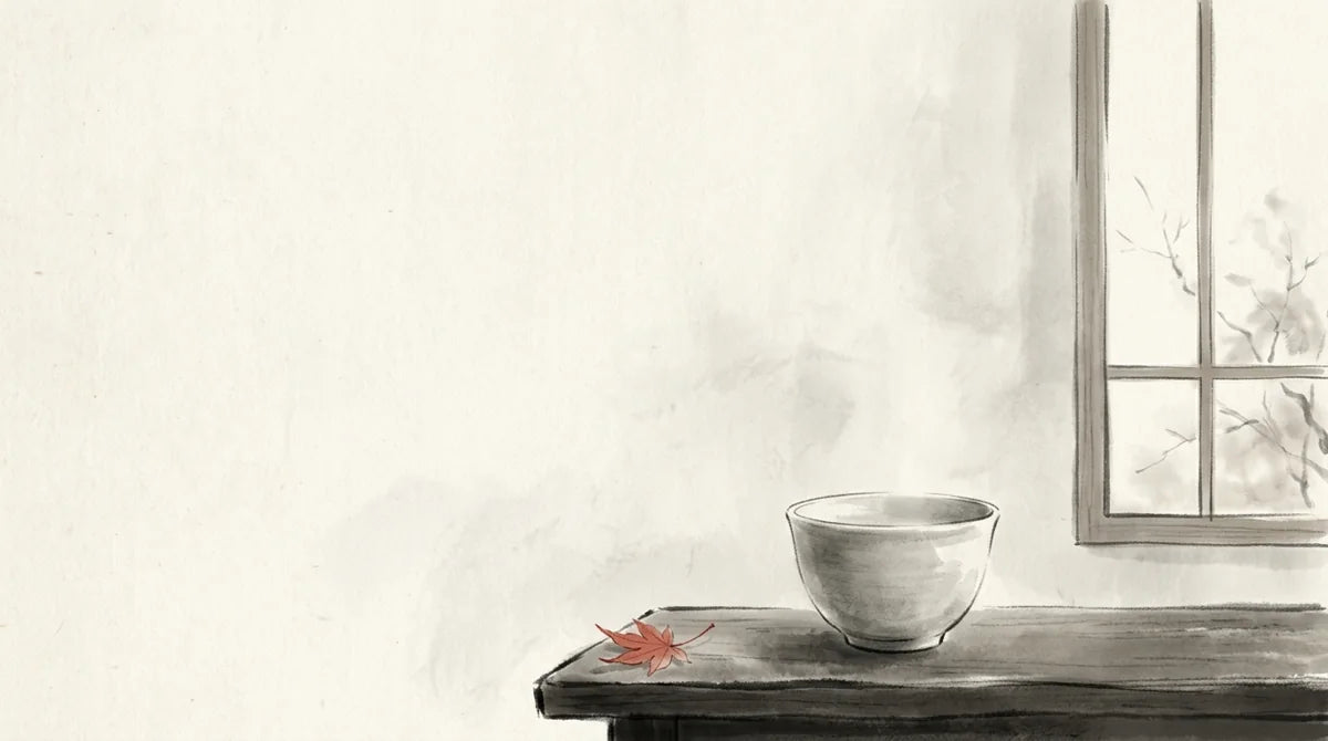 Ink wash illustration: a single empty ceramic cup beside a quiet window and one tiny red leaf