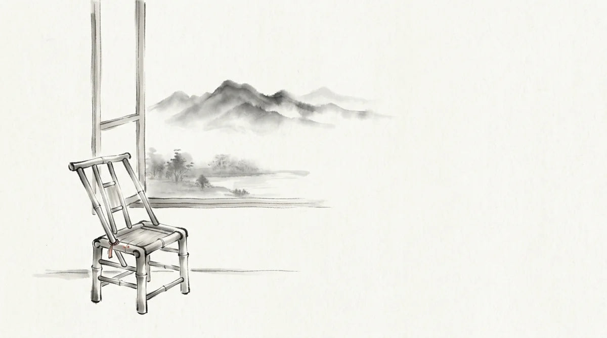 Ink wash illustration: a single bamboo chair beside a quiet window overlooking a distant mountain