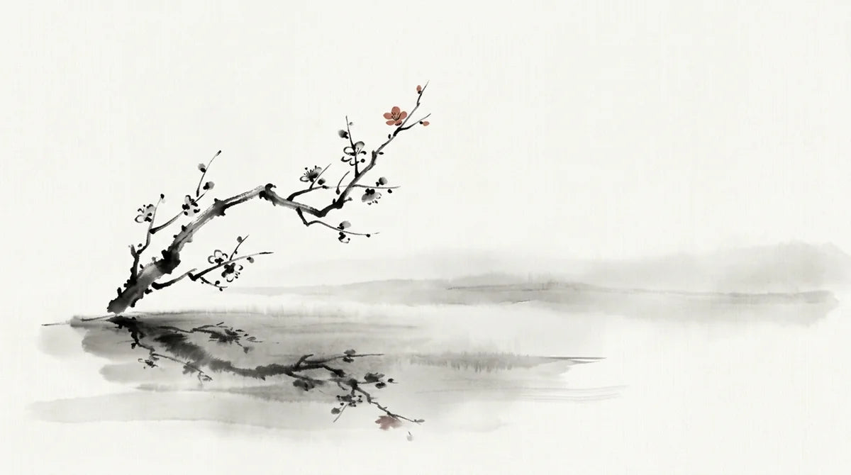 Ink wash illustration: a single flowering plum branch reflected in a tranquil pond with one small cinnabar blossom