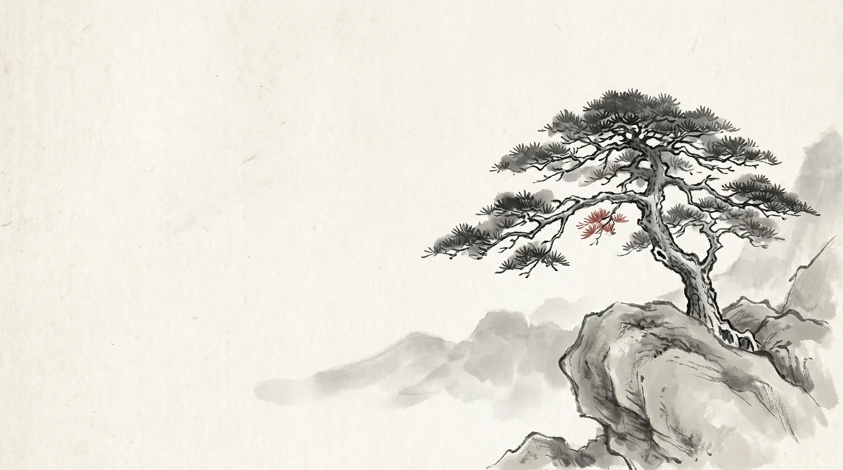 Ink wash illustration: a lone pine spreading a broad canopy over a quiet mountain rock