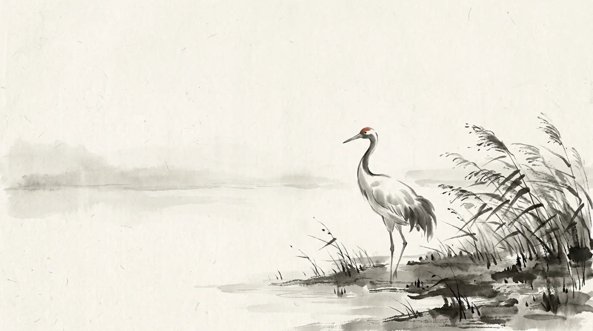 Ink wash illustration: a solitary crane standing upright beside a windswept reed bank