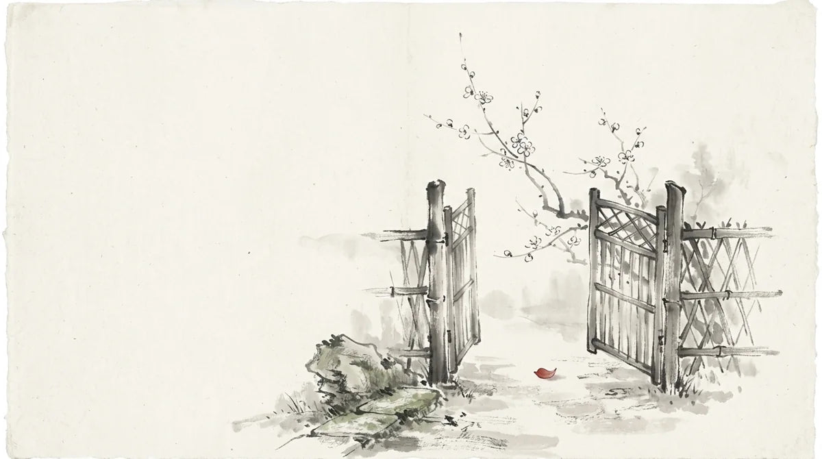 Ink wash illustration: a small open garden gate with a flowering branch beyond it and one muted cinnabar petal