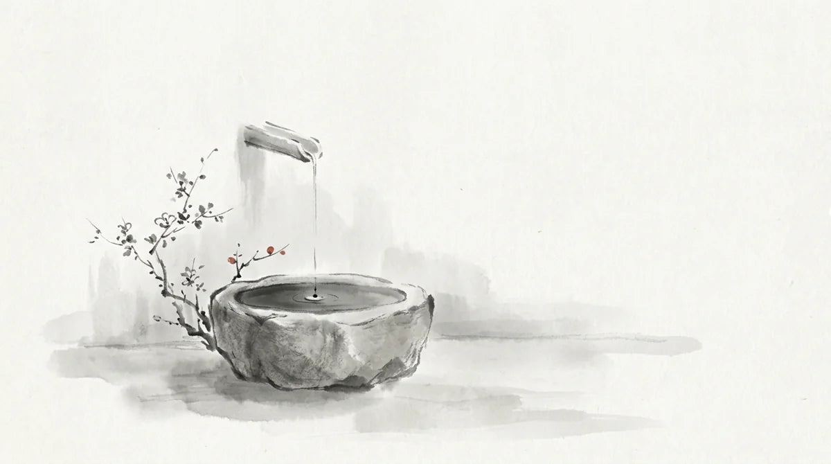 Ink wash illustration: a quiet stone basin with a single thin trickle of water in an empty courtyard