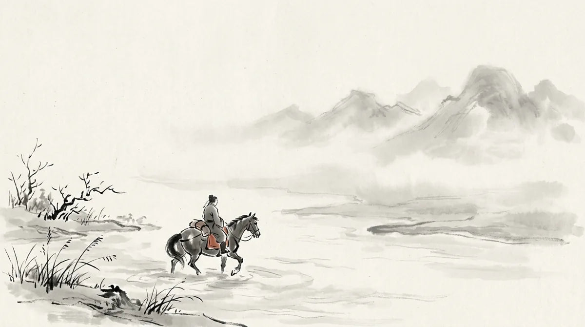 Ink wash illustration: a lone travelling horse crossing a misty river ford