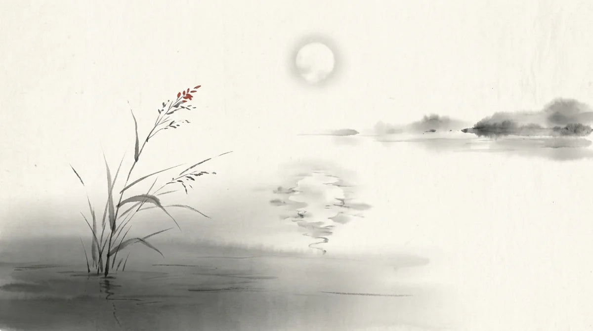 Ink wash illustration: a pale moon reflected in still water beside a reed with a single muted red accent