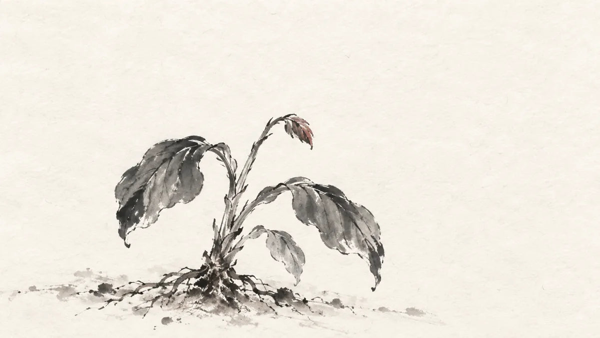 Ink wash painting of a rooted herb with a few mature leaves gently drooping and its growing tip resting; still intact and living, a visual metaphor for slowing outward growth.