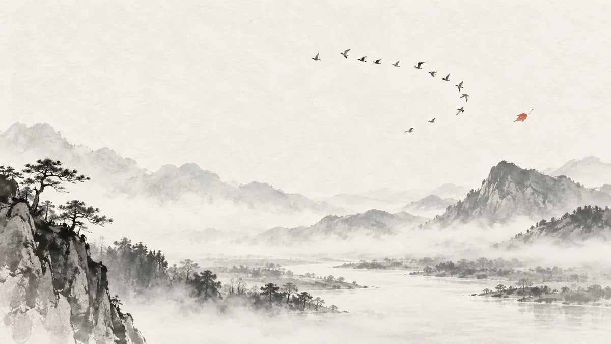 Ink wash illustration: a small flock of birds changing direction over an open misty valley