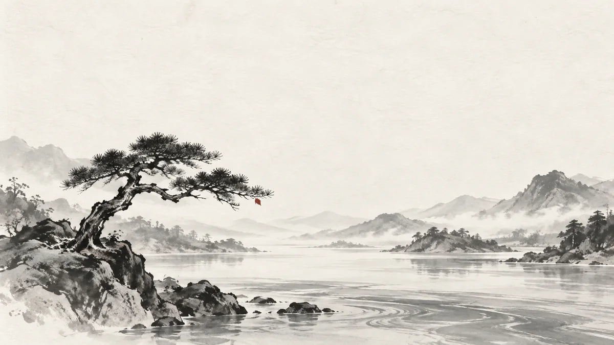 Ink wash illustration: a resilient pine tree beside a wide balanced river