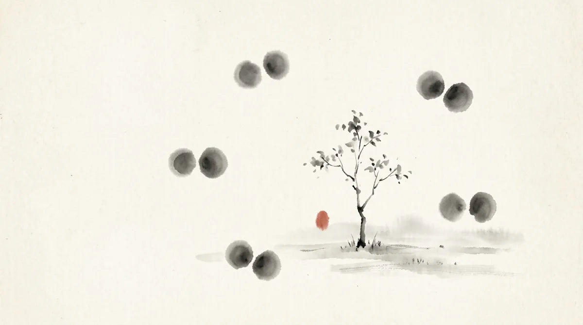 Ink wash illustration: five paired ink circles arranged around a single young tree, with one small muted cinnabar mark