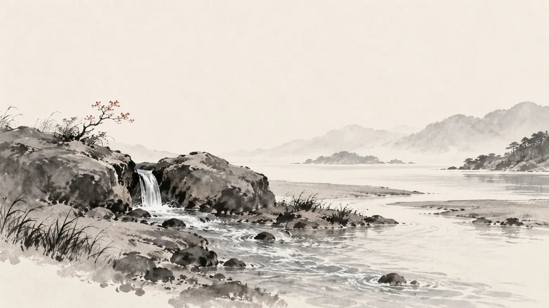 Ink wash painting of a small spring trickling between low rocks into a slender stream that widens toward a distant inlet.