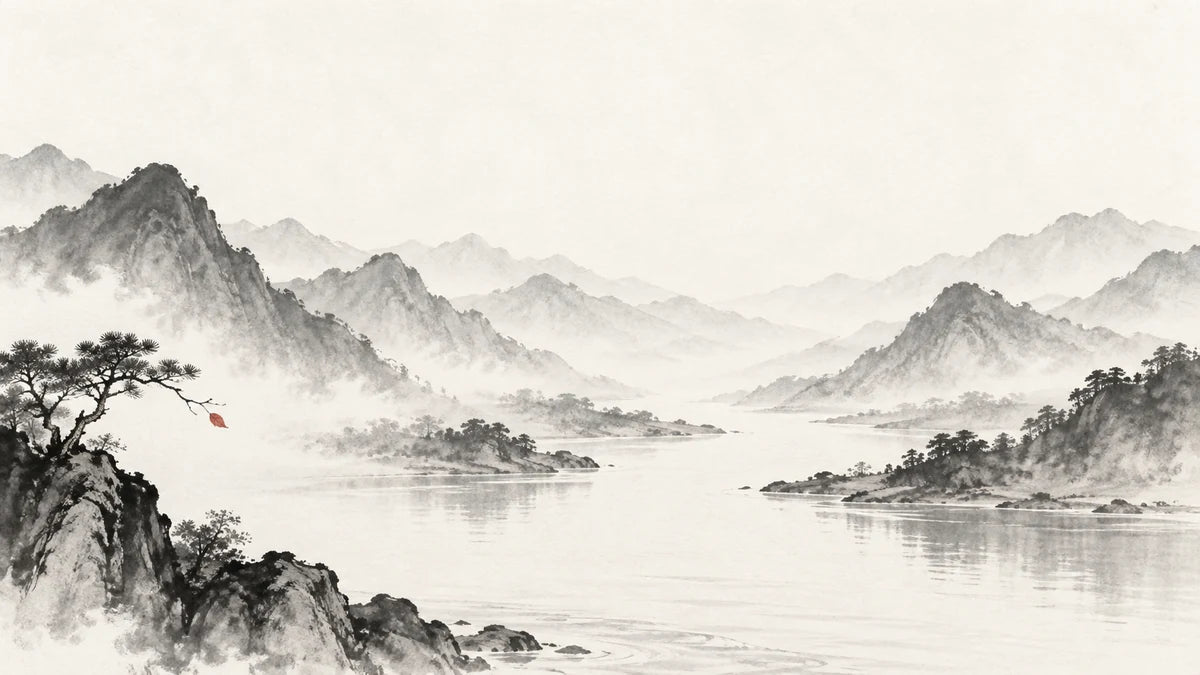 Ink wash illustration: a quiet ink-wash river passing through ten pale mountain ridges, one tiny muted cinnabar leaf