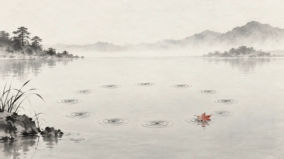 Ink wash illustration: a circular sequence of twelve tiny ripples spreading across a still pond