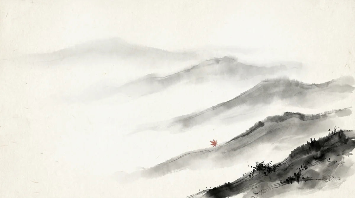 Ink wash illustration: four slender mountain ridges receding through soft ink mist, with one small muted cinnabar leaf