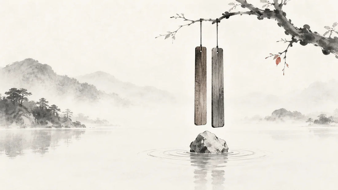 Ink wash painting of two slender wooden tuning plates suspended above a pale mineral stone and a faint ripple.