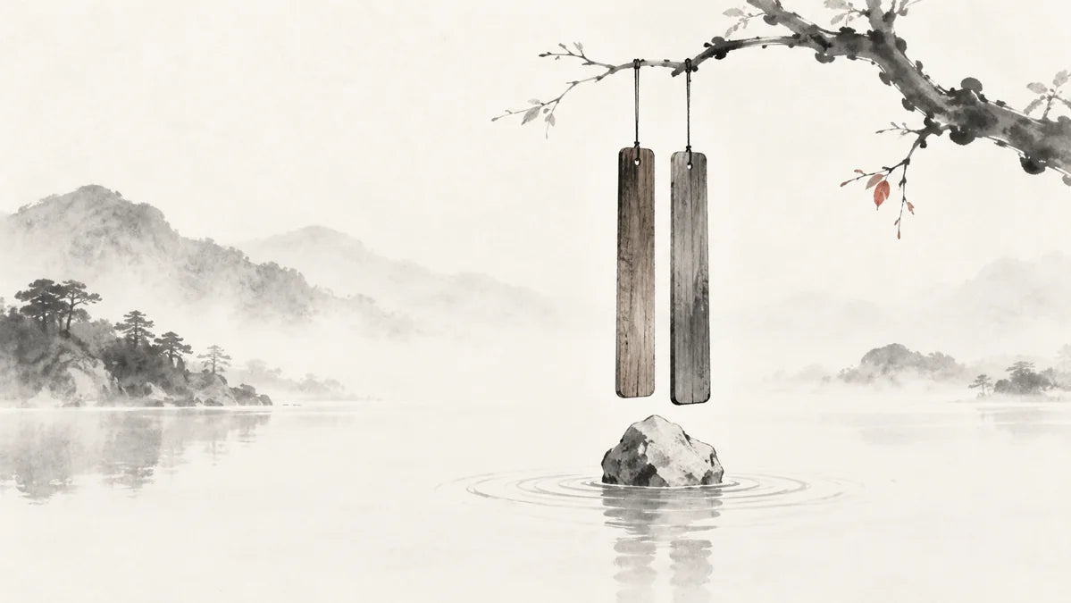 Ink wash painting of two slender wooden tuning plates suspended above a pale mineral stone and a faint ripple.