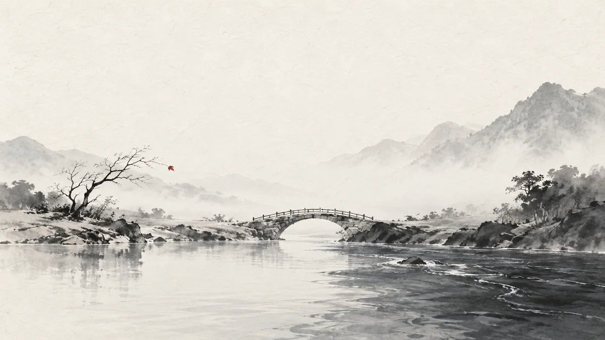 Ink wash illustration: a small bridge joining two calm riverbanks