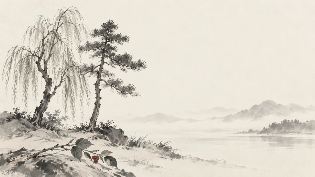 Ink wash painting of a slender willow beside a young upright pine and a fallen mulberry twig.