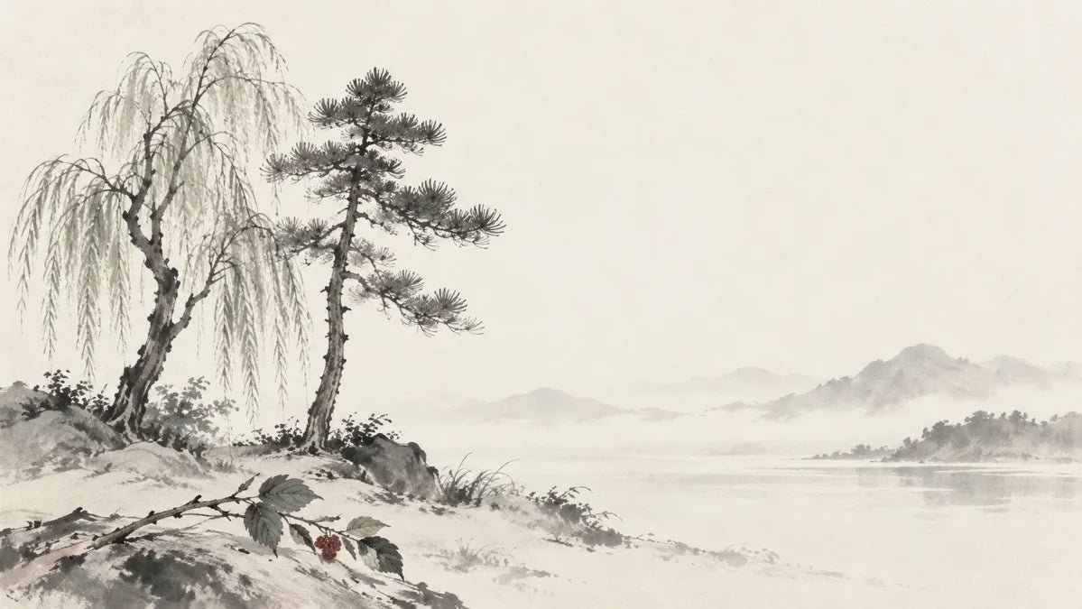 Ink wash painting of a slender willow beside a young upright pine and a fallen mulberry twig.