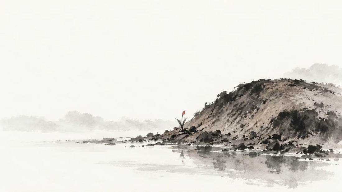 Ink wash painting of a rounded earthen hill beside a shallow pool with a tiny spring shoot.