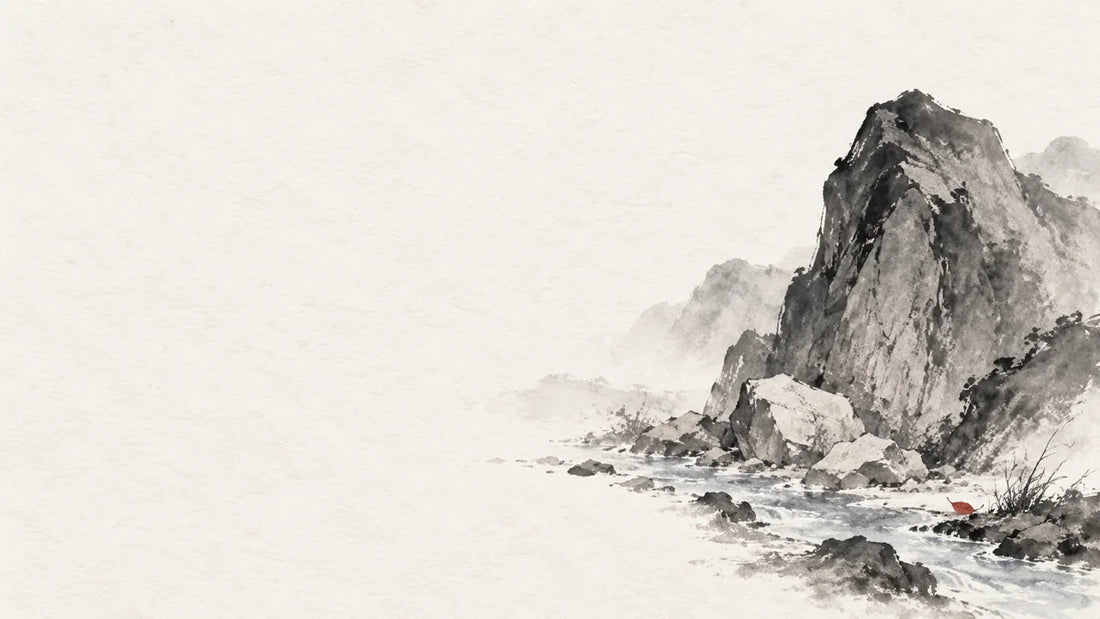 Ink wash painting of a solid mountain rock beside pale mineral stones and a narrow stream.