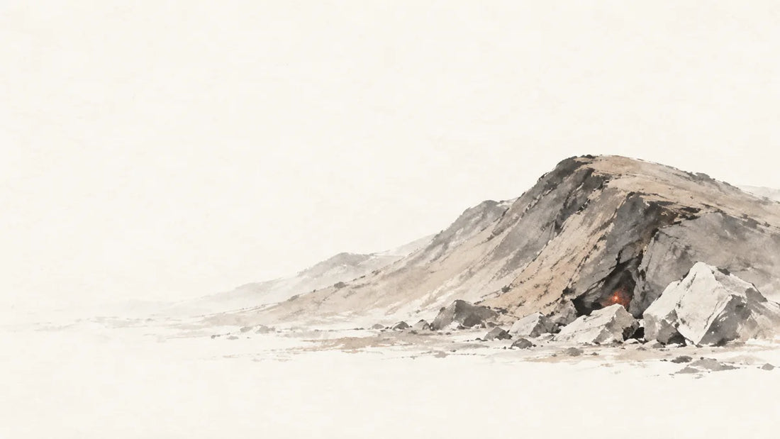 Ink wash painting of a dry rounded mountain ridge with pale stones and one faint red ember.