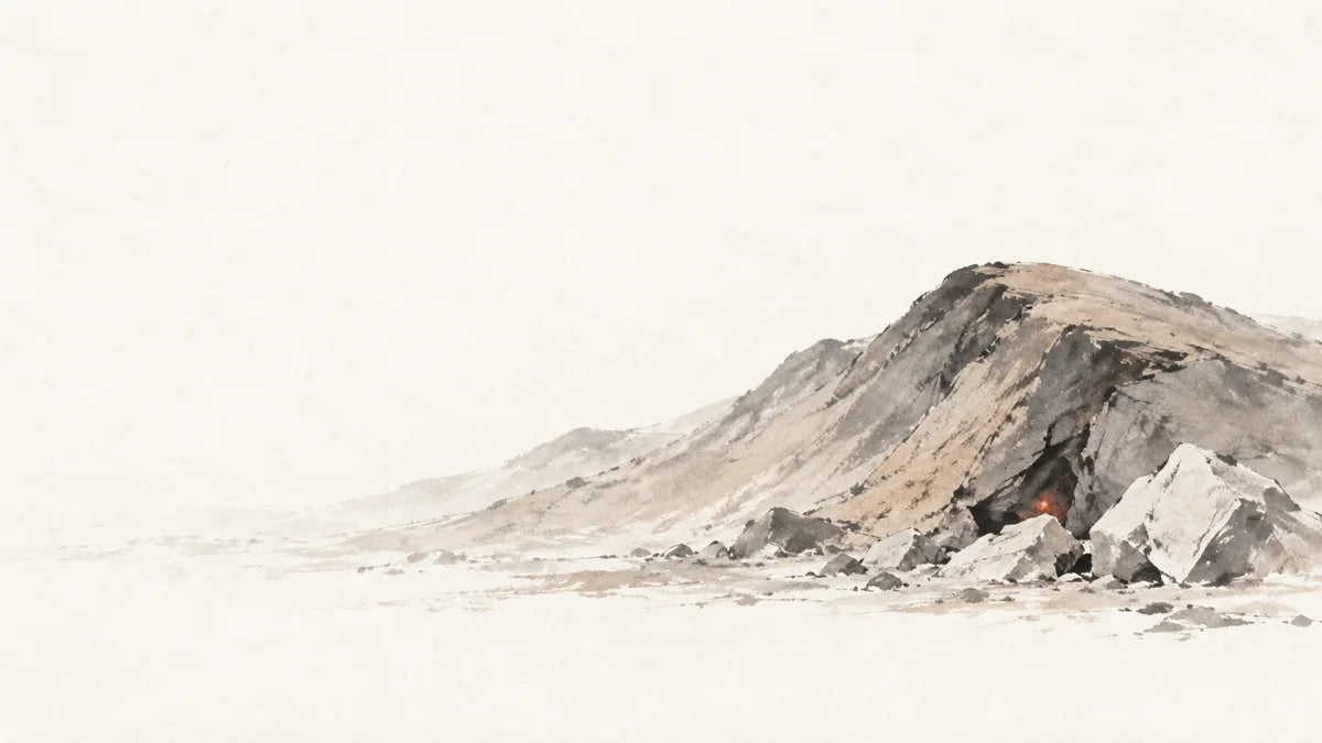 Ink wash painting of a dry rounded mountain ridge with pale stones and one faint red ember.