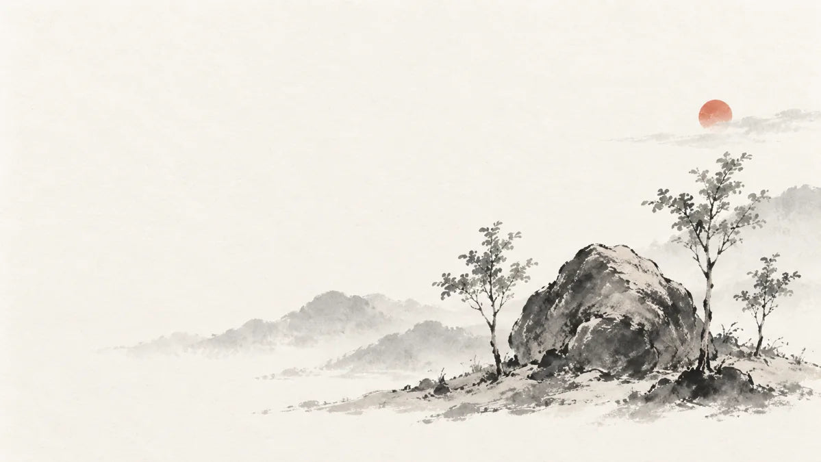 Ink wash painting of a solid mountain rock among sparse young trees warmed by a small red sun.