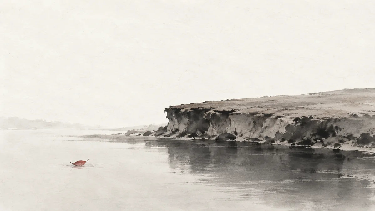 Ink wash painting of a broad earthen riverbank beside still dark water with one tiny red leaf.