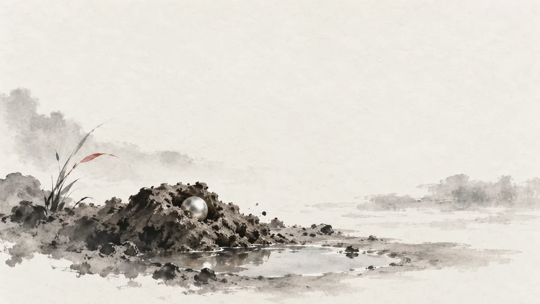 Ink wash painting of a small silver bead emerging from damp textured clay beside a tiny clear puddle.