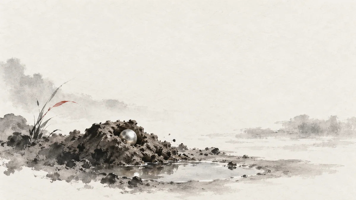 Ink wash painting of a small silver bead emerging from damp textured clay beside a tiny clear puddle.