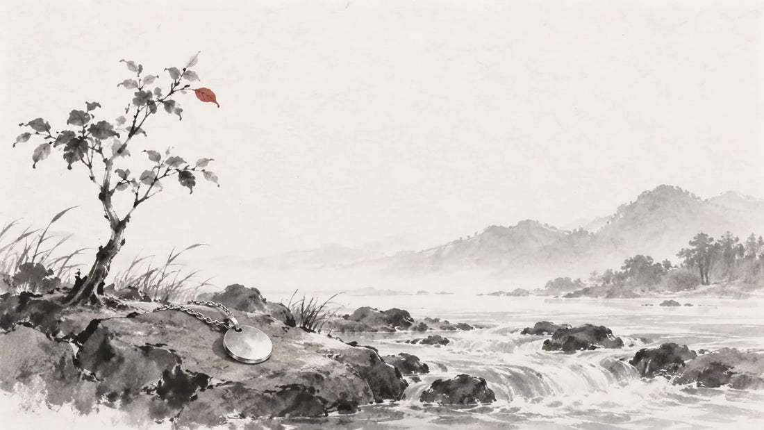 Ink wash painting of a plain silver pendant on the bank of a flowing stream beside one young tree.