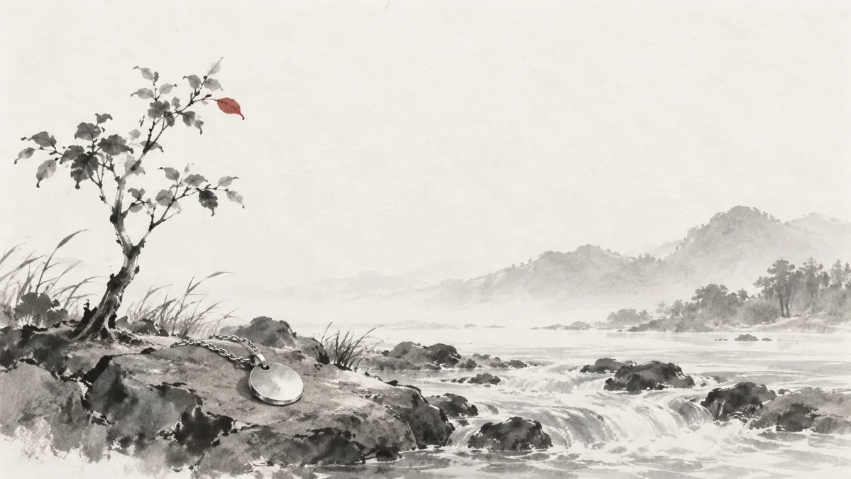 Ink wash painting of a plain silver pendant on the bank of a flowing stream beside one young tree.