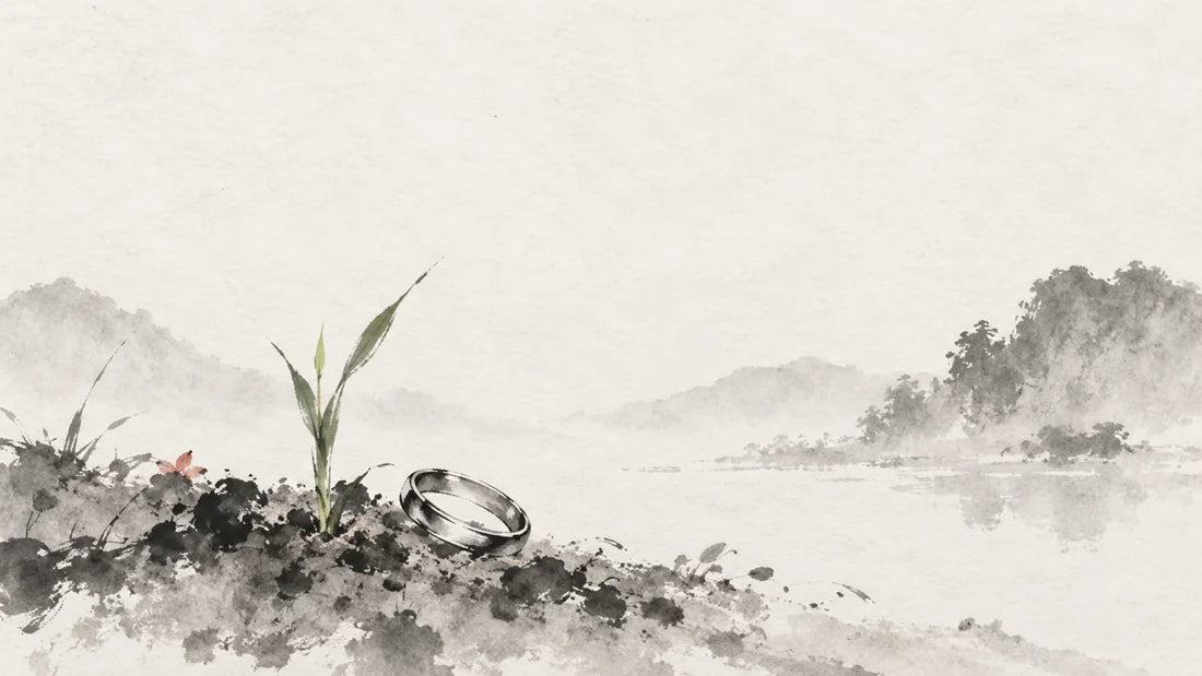 Ink wash painting of a small polished silver ring beside a fresh grass shoot rooted in spring soil.